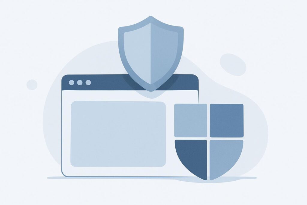 Stilisiertes Schutzschild über einem Browserfenster als Symbol für den Schutz einer WordPress-Website
